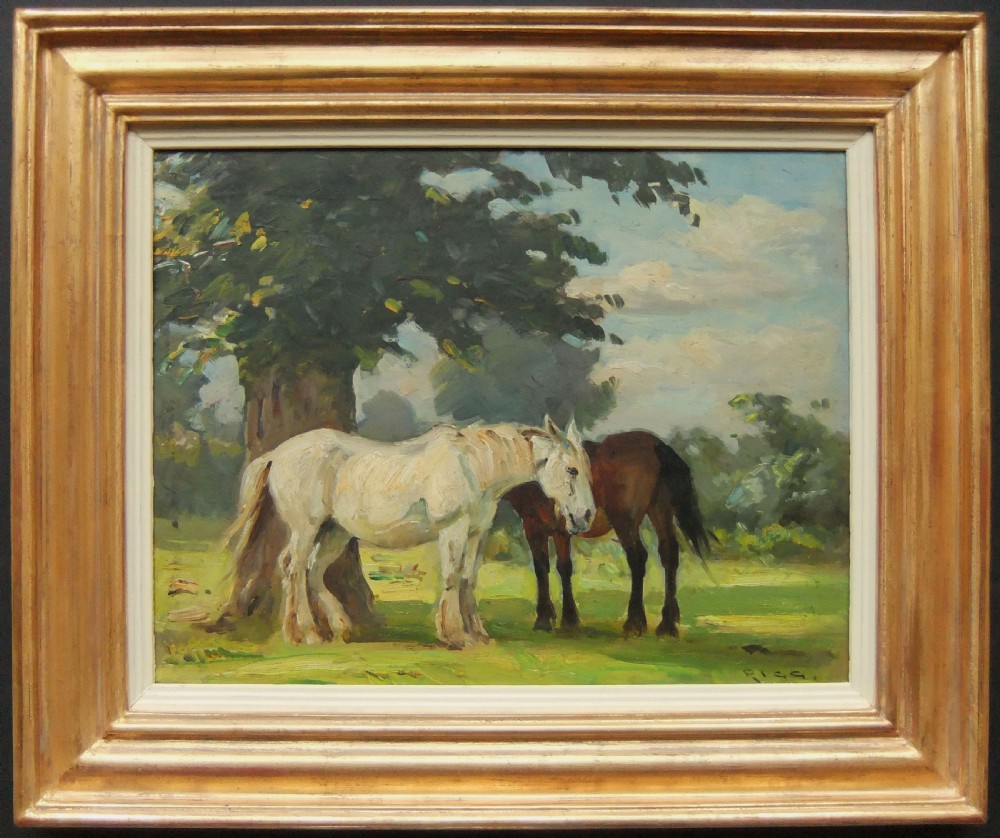 An impressionist oil painting showing two heavy horses standing together under the shade of a leafy tree in a green field. View II
