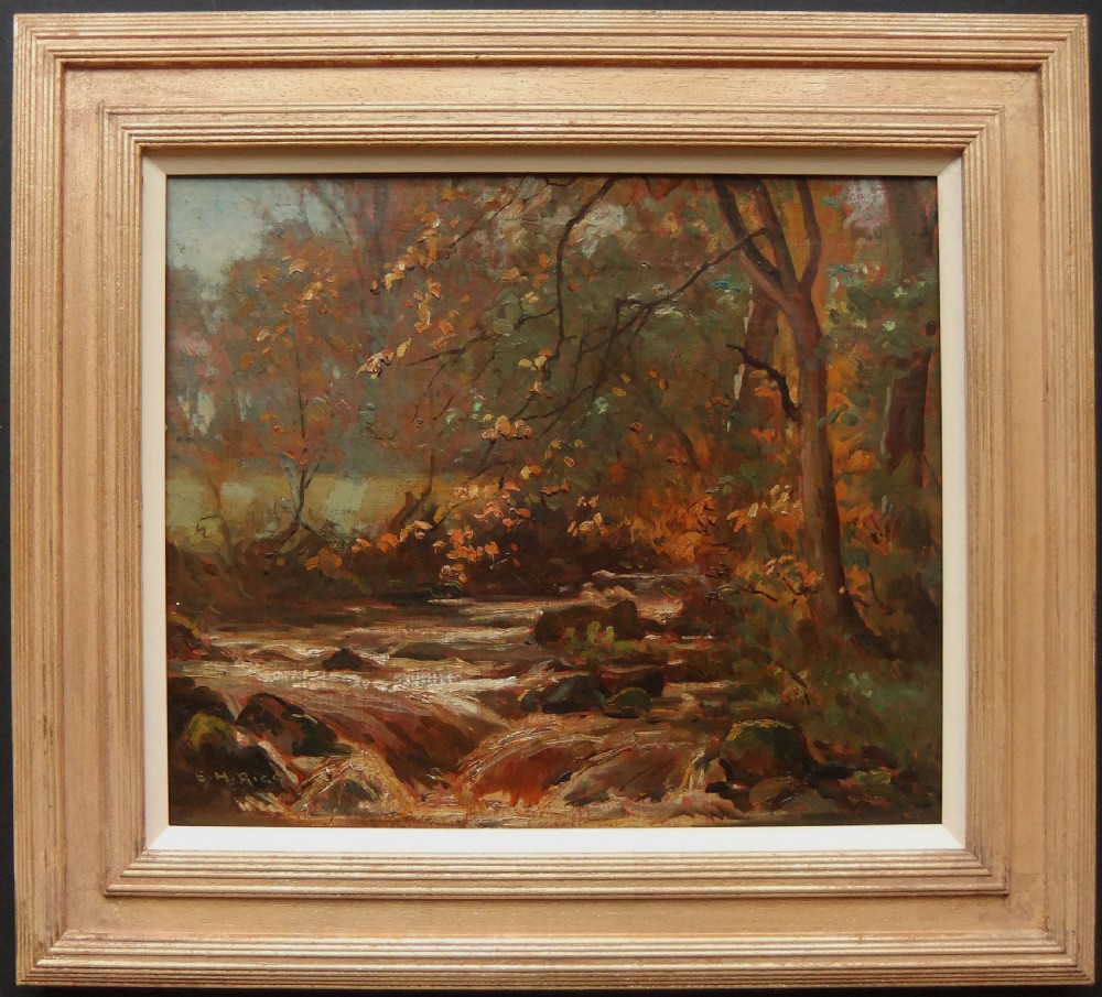 An antique oil painting depicting an autumn stream in Swaledale with earth-toned foliage set within a layered pale wooden frame.