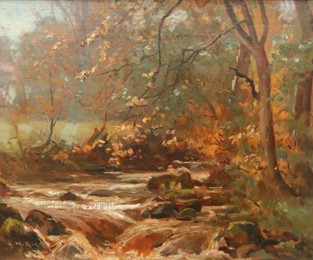 An antique oil painting depicting an autumn stream in Swaledale with earth-toned foliage set within a layered pale wooden frame. View II