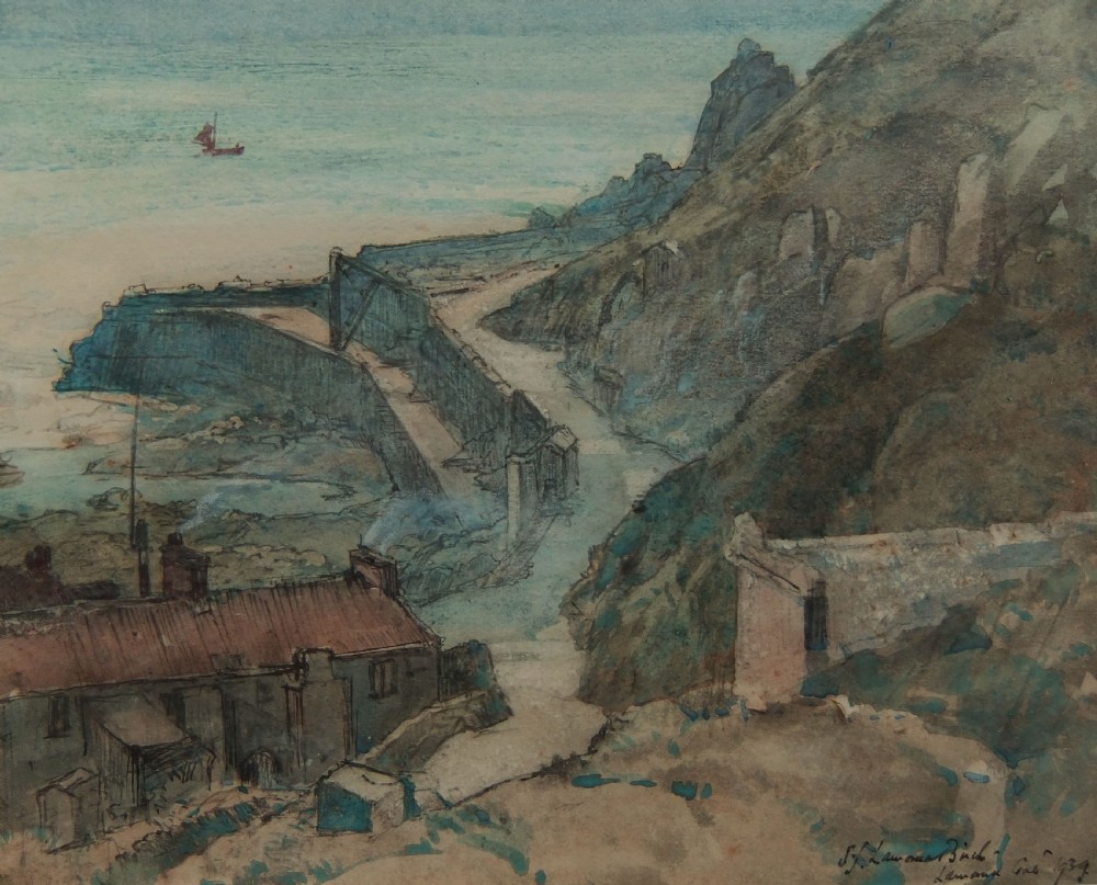 A watercolour painting depicting an elevated view of a stone harbour quay, coastal cottages, cliffs, and the sea with a distant vessel in Lamorna Cove.