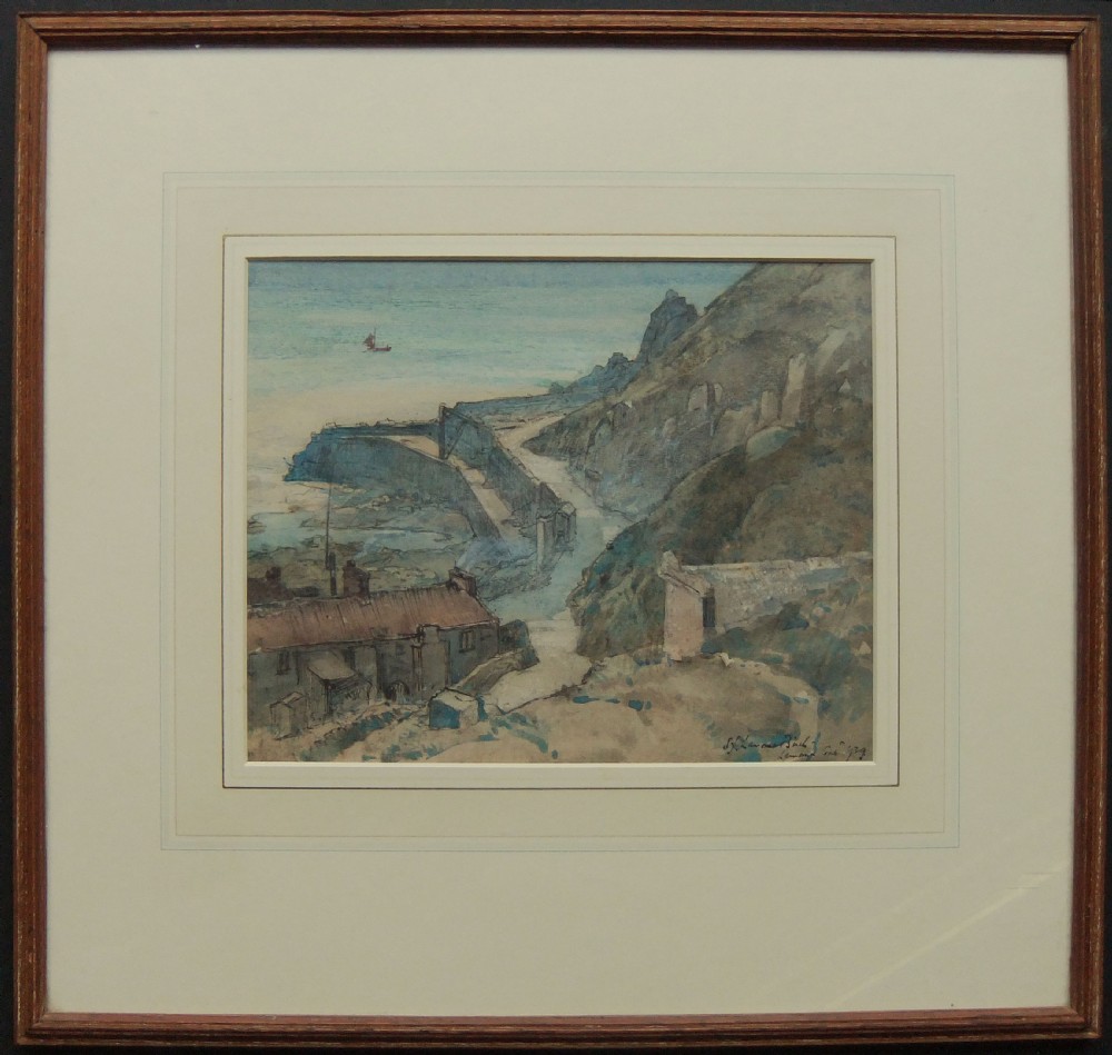 A watercolour painting depicting an elevated view of a stone harbour quay, coastal cottages, cliffs, and the sea with a distant vessel in Lamorna Cove. View III
