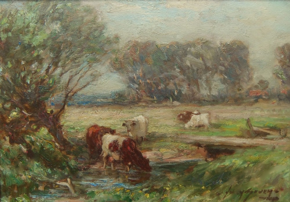An impressionist oil painting depicting cattle drinking from a stream in a grassy Yorkshire pasture surrounded by trees.