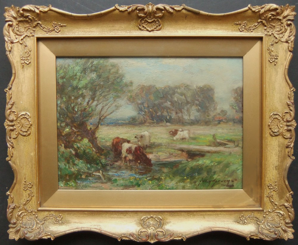 An impressionist oil painting depicting cattle drinking from a stream in a grassy Yorkshire pasture surrounded by trees. View II