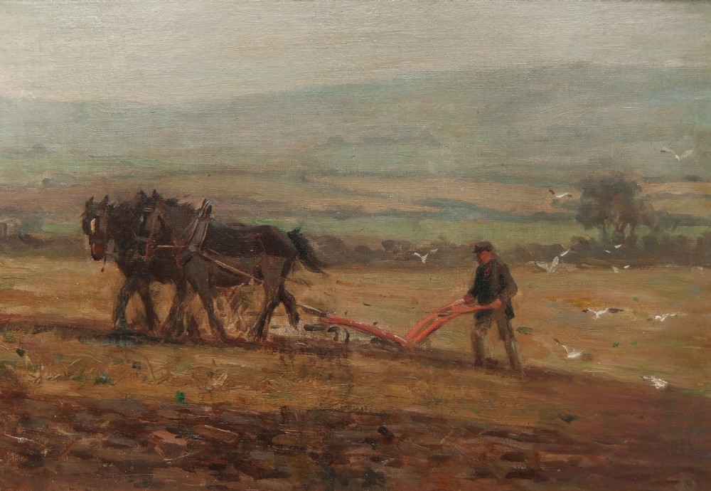 An oil painting depicting a farmer directing a team of horses pulling a red plough across a freshly tilled field under a muted sky with rolling hills in the background.
