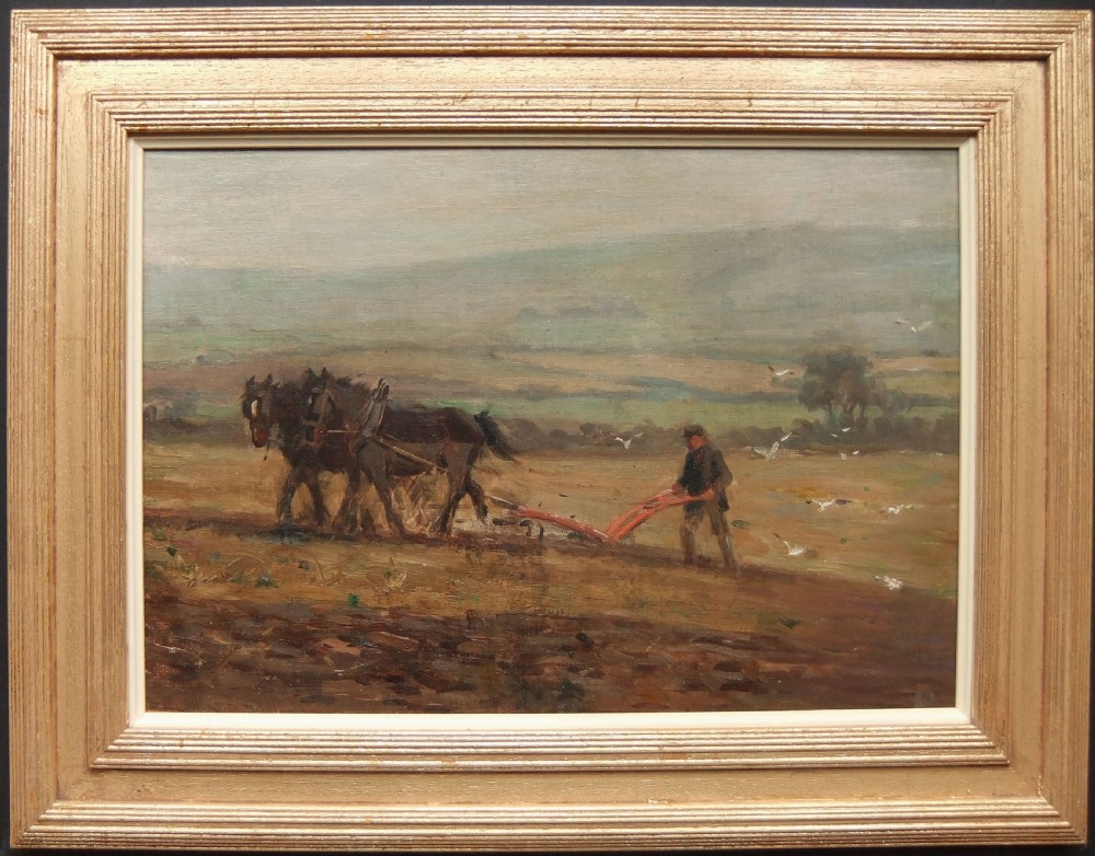 An oil painting depicting a farmer directing a team of horses pulling a red plough across a freshly tilled field under a muted sky with rolling hills in the background. View II