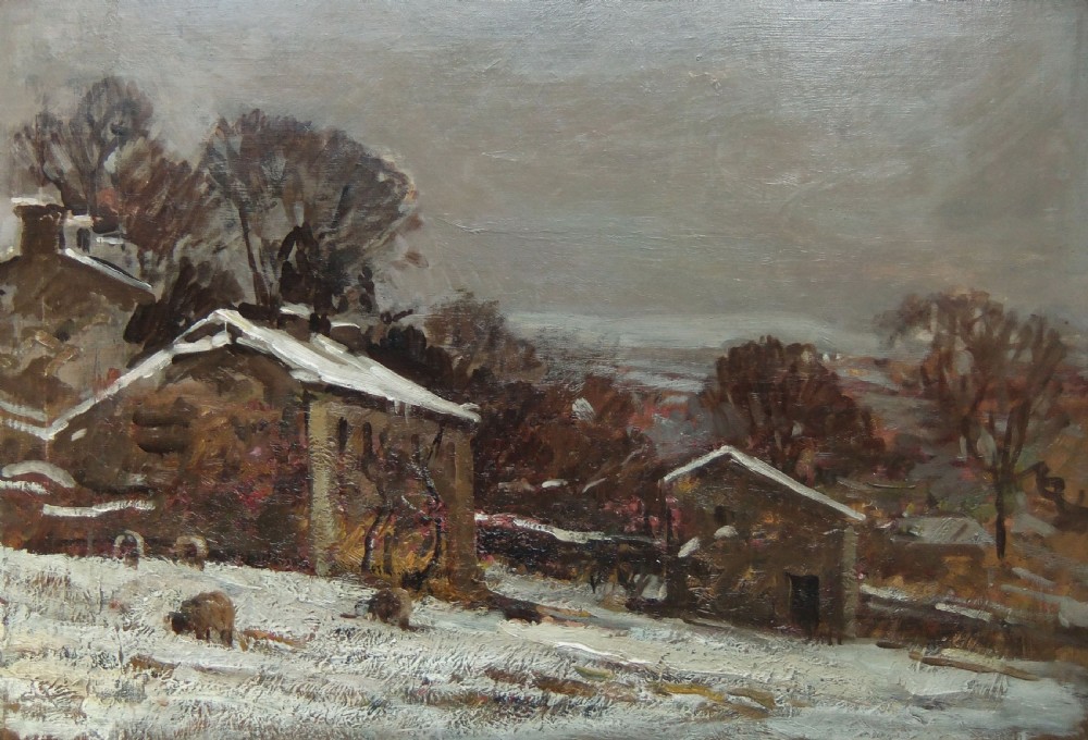 An impressionist oil painting depicting a snow-covered Swaledale landscape with stone farm buildings, bare trees, grazing sheep, and a overcast grey sky.