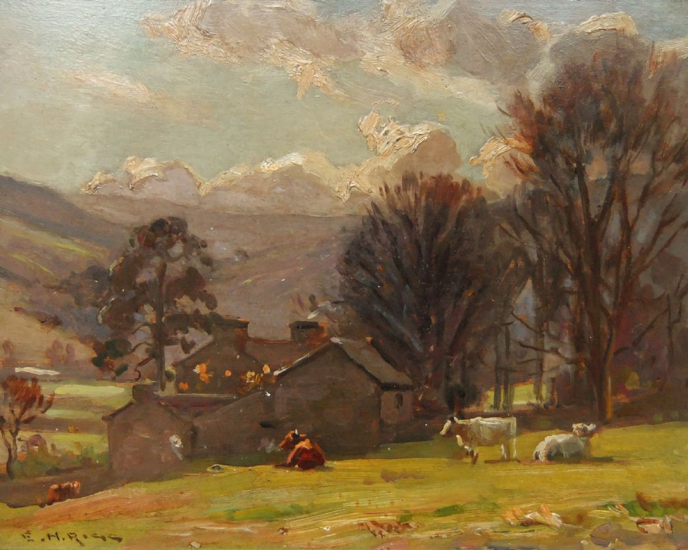 An impressionist oil painting depicting stone farm buildings in a Yorkshire Dales landscape with cattle in a foreground field under a cloudy sky.