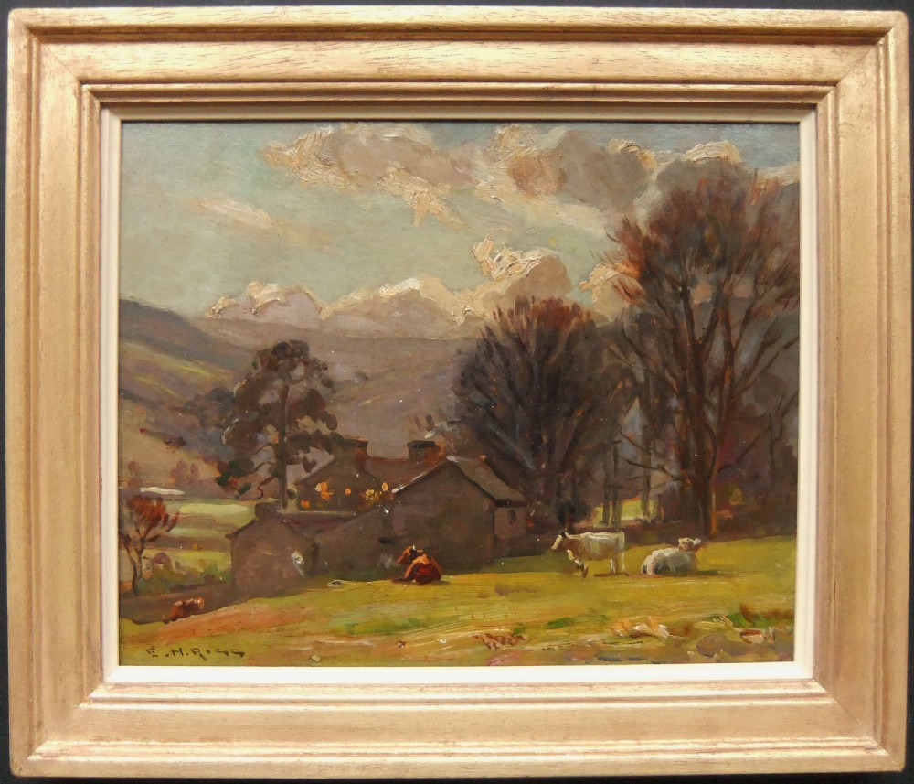 An impressionist oil painting depicting stone farm buildings in a Yorkshire Dales landscape with cattle in a foreground field under a cloudy sky. View II