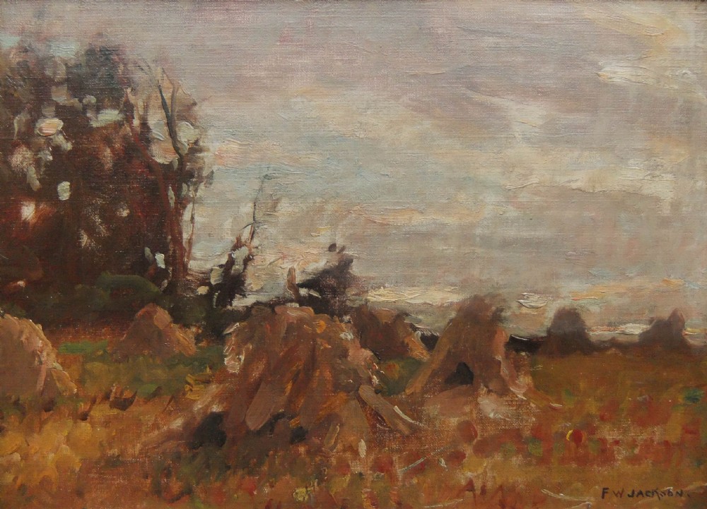 An impressionist oil painting depicting stooks of corn in a rural field under a muted evening sky with dark trees to the left.