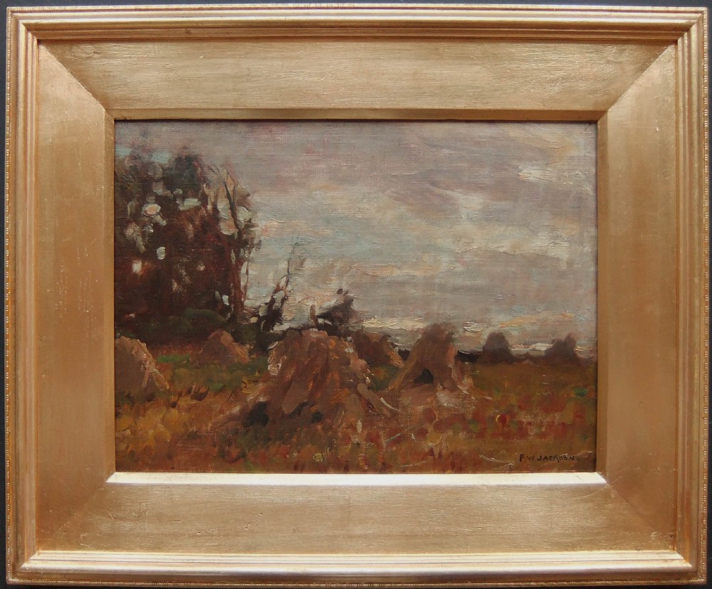 An impressionist oil painting depicting stooks of corn in a rural field under a muted evening sky with dark trees to the left. View II