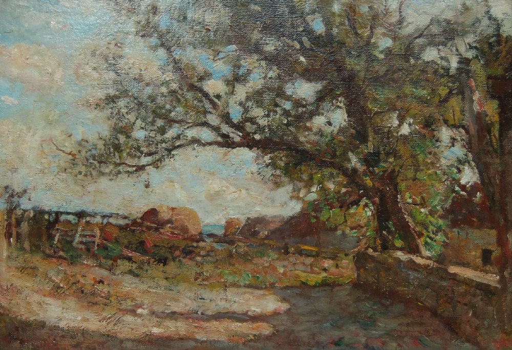 An impressionist oil painting depicting a rural landscape with overhanging trees, a stone wall, and distant coastal cliffs under a cloudy sky.