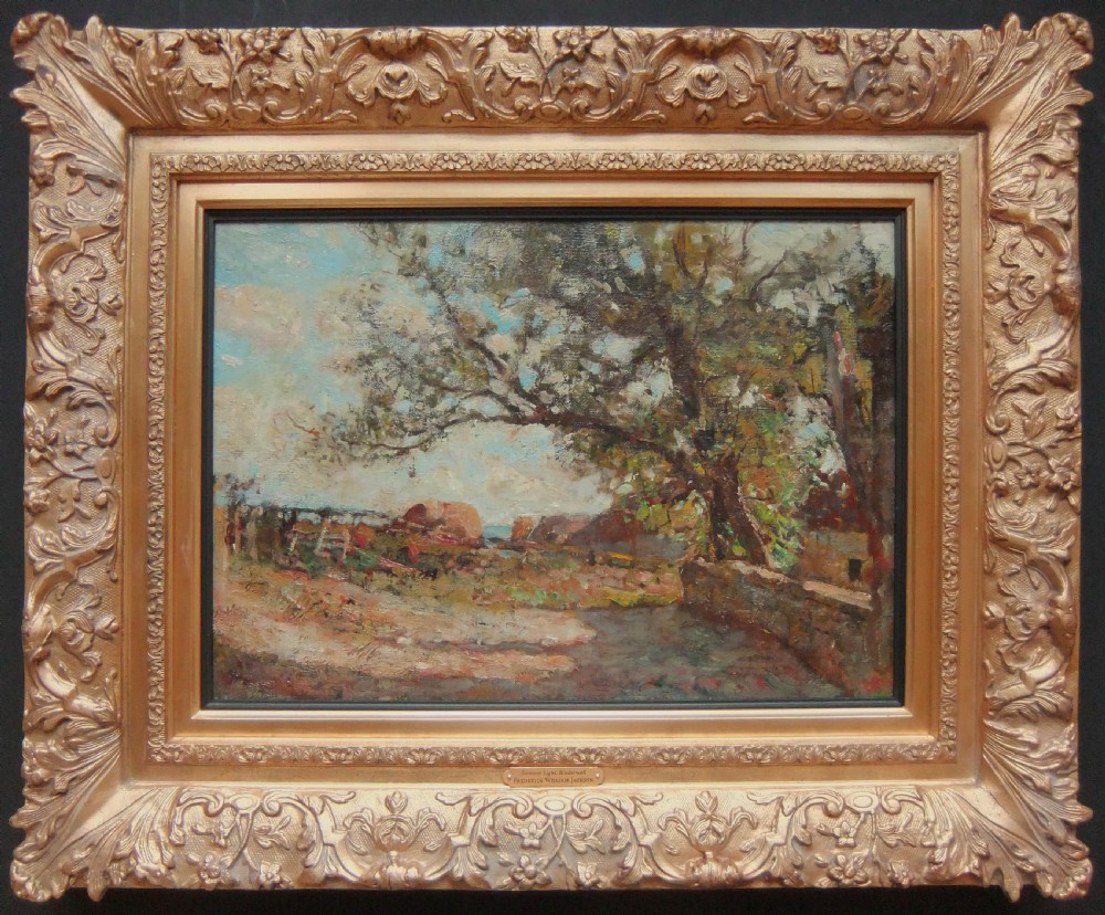 An impressionist oil painting depicting a rural landscape with overhanging trees, a stone wall, and distant coastal cliffs under a cloudy sky. View II