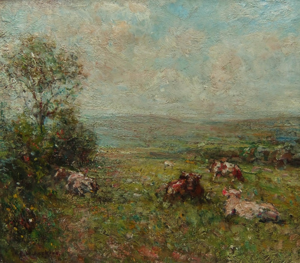 An Impressionist oil painting depicting cattle grazing in a grassy rural field under a cloudy grey and blue sky.