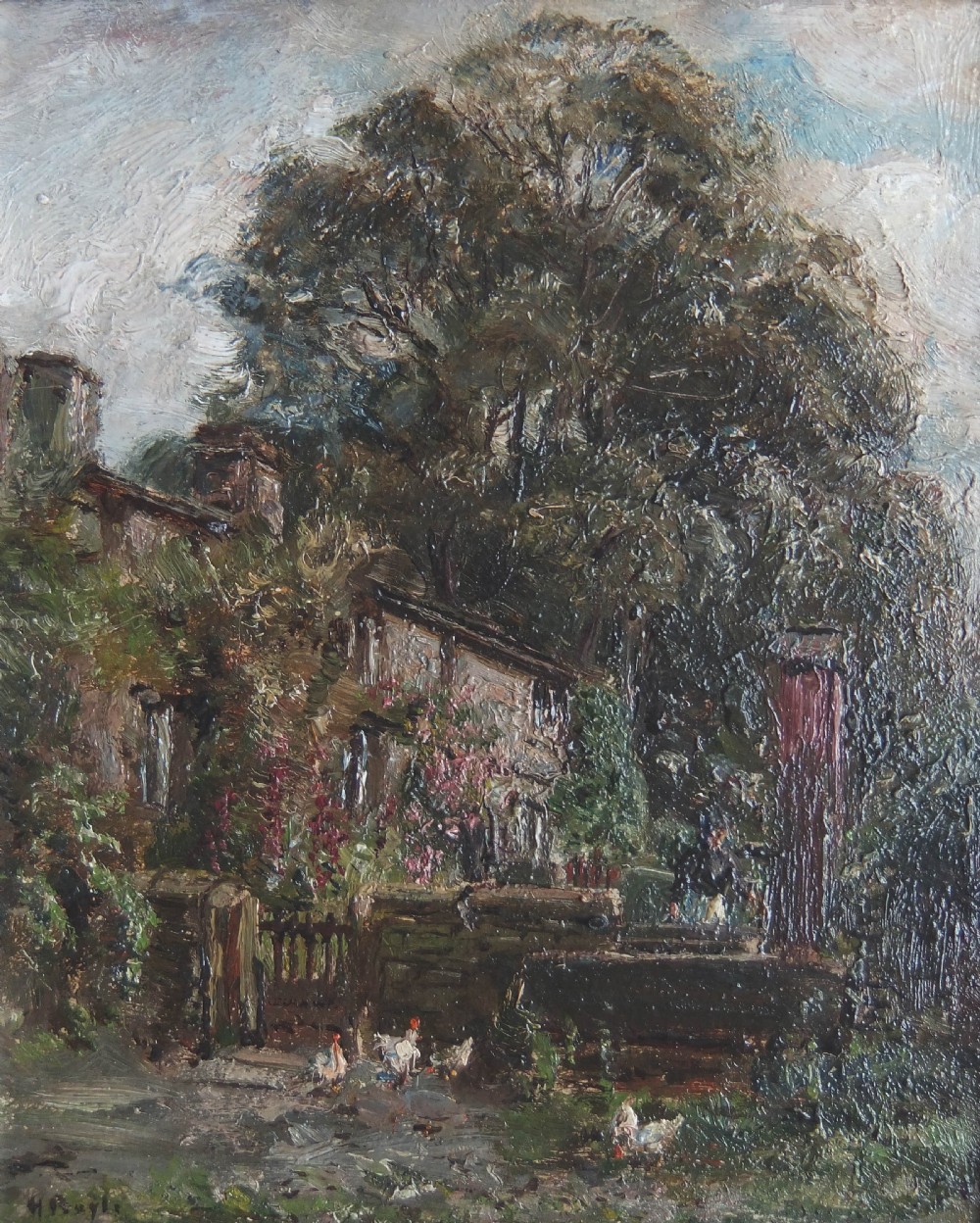 An antique impressionist oil painting depicting a stone cottage nestled among dense trees with chickens grazing near a rustic garden gate.
