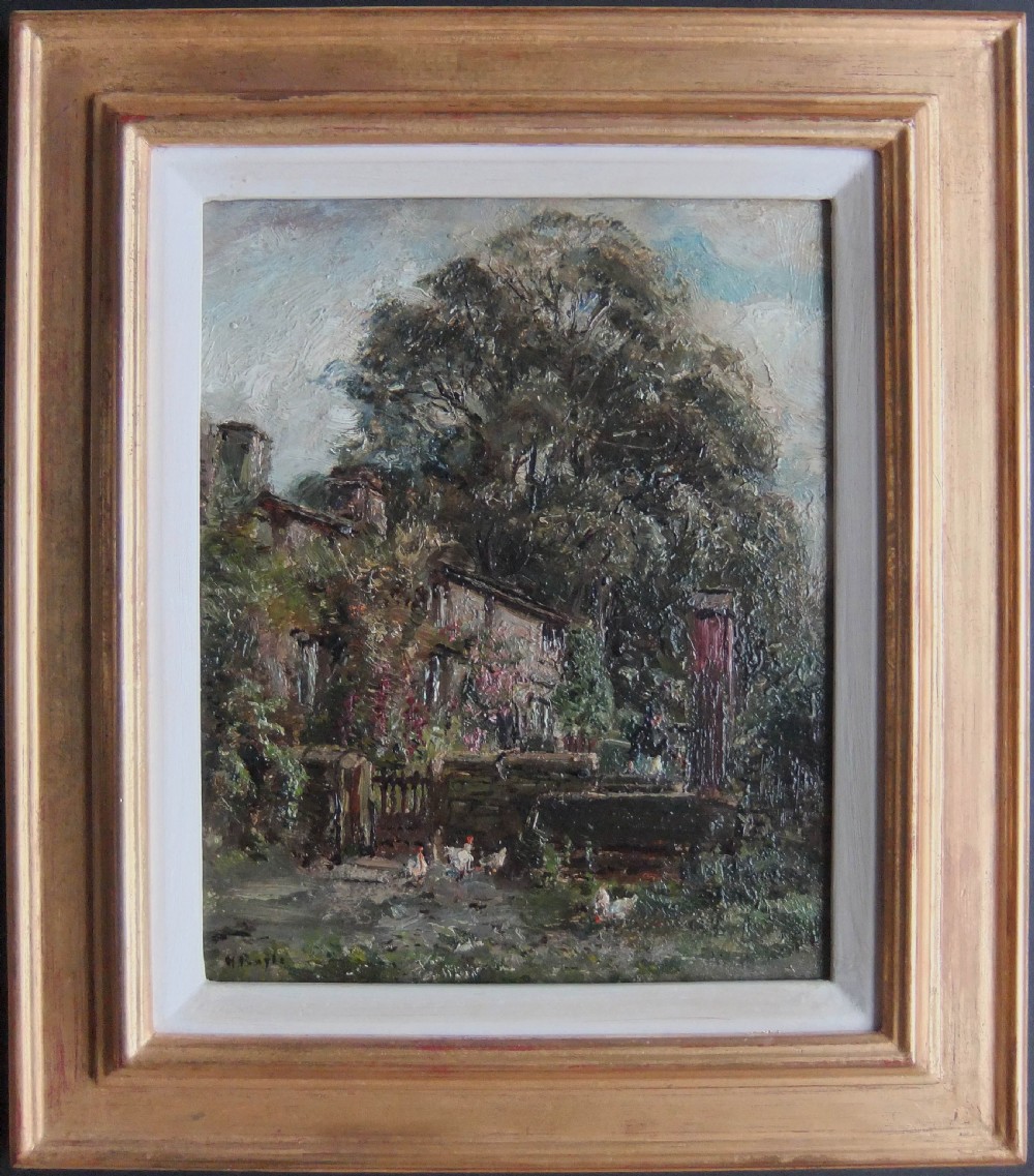 An antique impressionist oil painting depicting a stone cottage nestled among dense trees with chickens grazing near a rustic garden gate. View II
