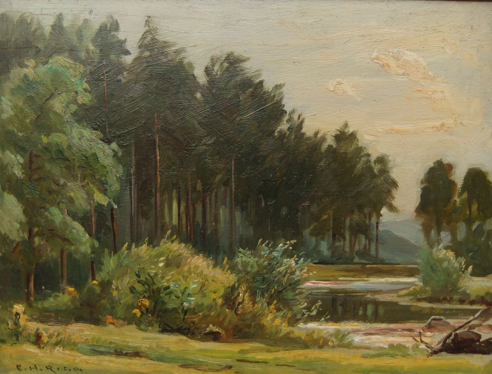 An oil painting depicting a stand of tall pine trees along the grassy bank of River Swale in muted greens, yellows, and earthy grey skies.