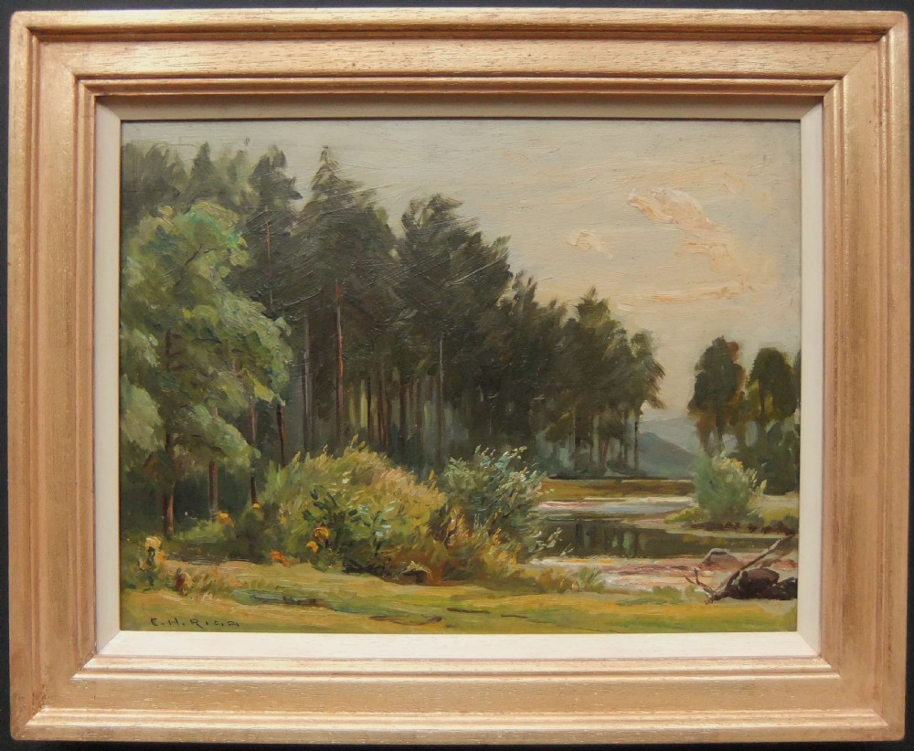 An oil painting depicting a stand of tall pine trees along the grassy bank of River Swale in muted greens, yellows, and earthy grey skies. View II