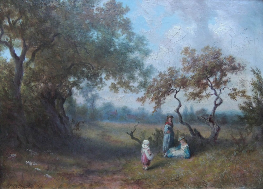 An antique oil painting depicting figures relaxing under mature trees in a sunlit green pasture.