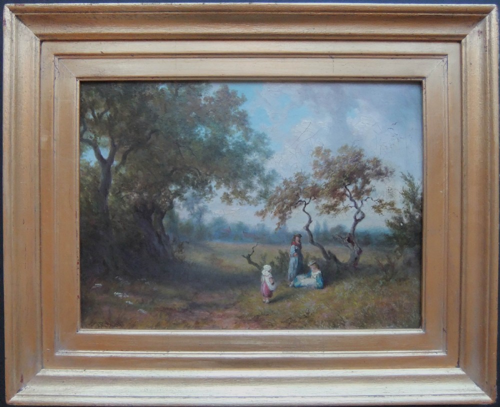 An antique oil painting depicting figures relaxing under mature trees in a sunlit green pasture. View II