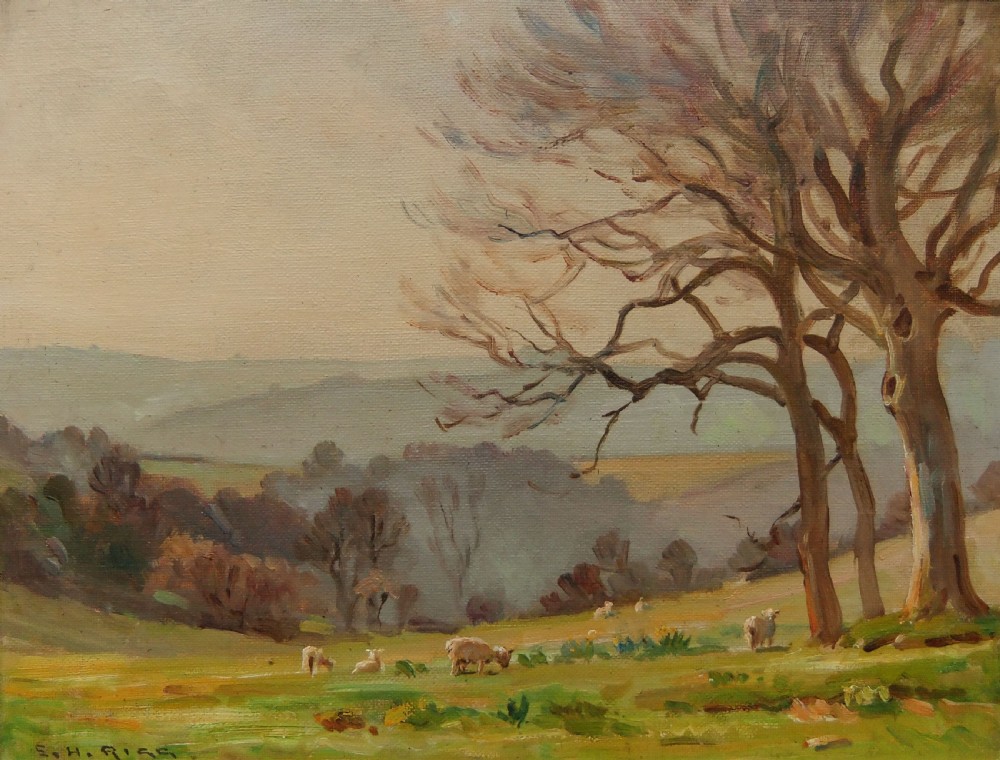 An impressionist oil painting depicting bare trees, grazing sheep, and rolling hills under a muted sky, signed E. H. Rigg in the bottom corner.