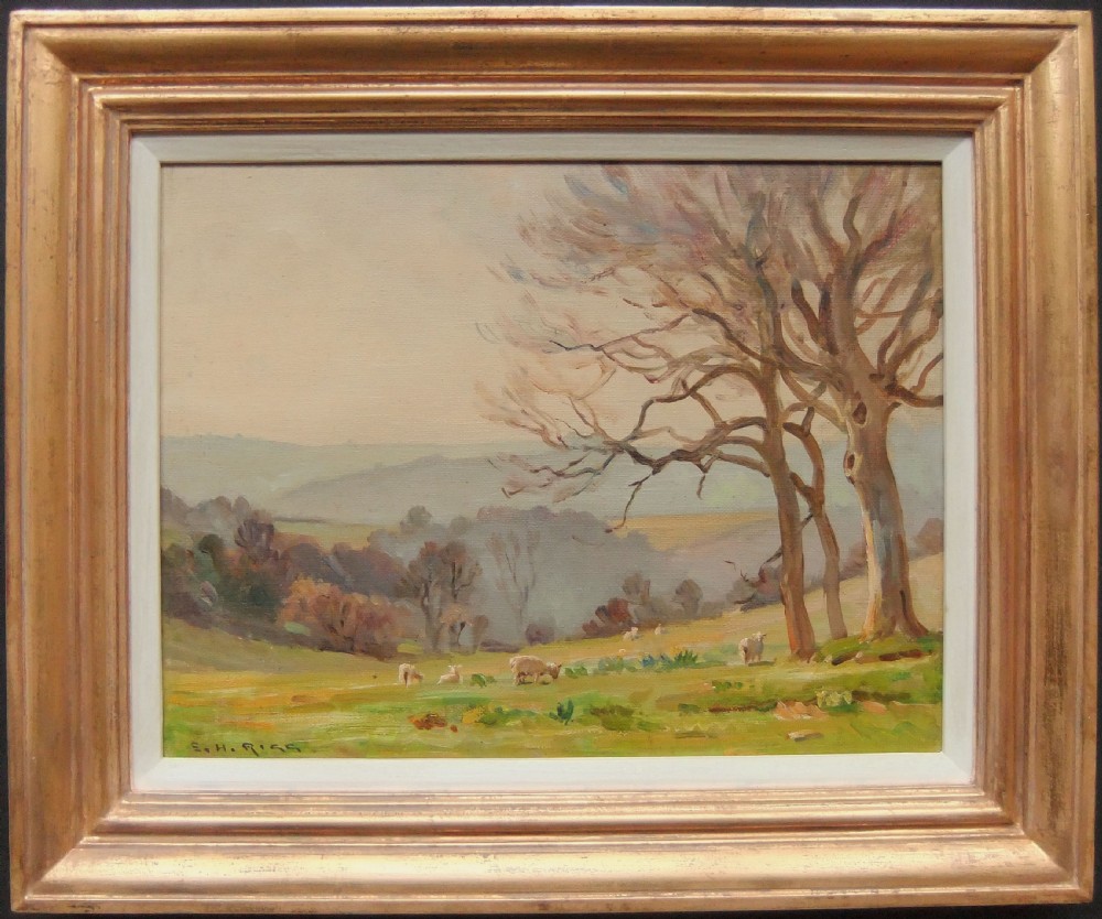 An impressionist oil painting depicting bare trees, grazing sheep, and rolling hills under a muted sky, signed E. H. Rigg in the bottom corner. View II