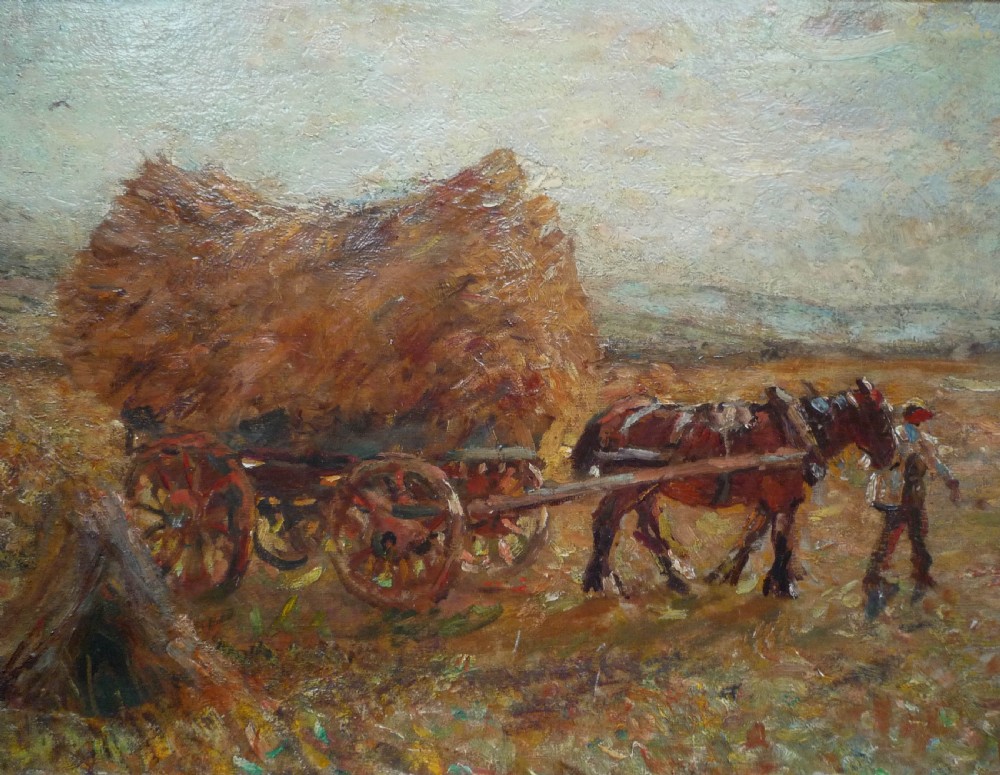 An impressionist oil painting depicting a horse pulling a hay wagon accompanied by a farm worker in a field under a pale sky.