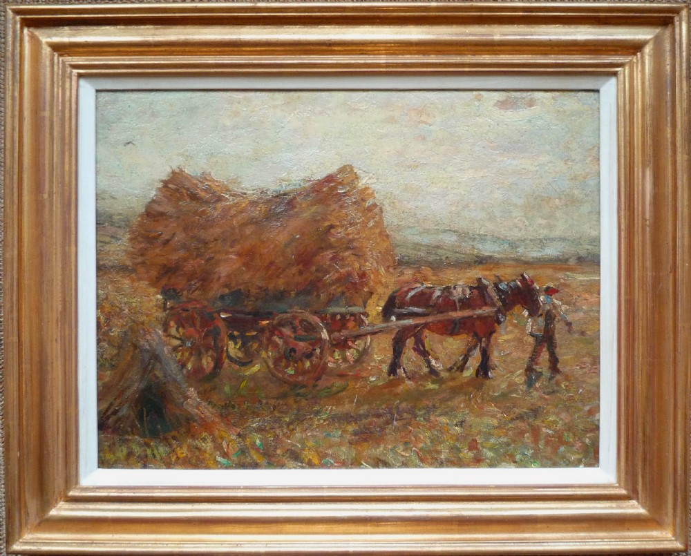 An impressionist oil painting depicting a horse pulling a hay wagon accompanied by a farm worker in a field under a pale sky. View II