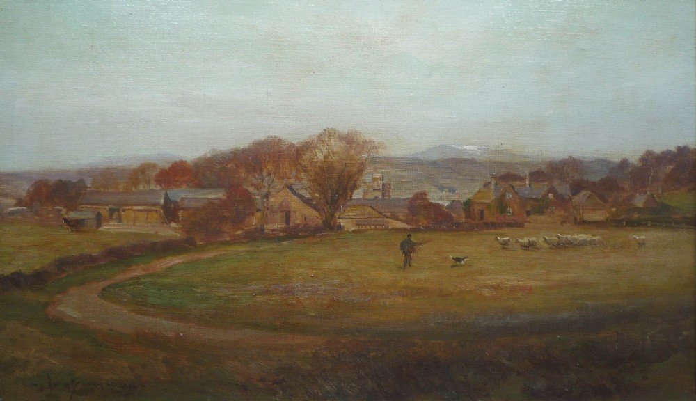 An oil painting depicting a rural landscape with a shepherd, sheepdog, and flock of sheep in a field before a collection of farm buildings and distant hills under a pale sky.