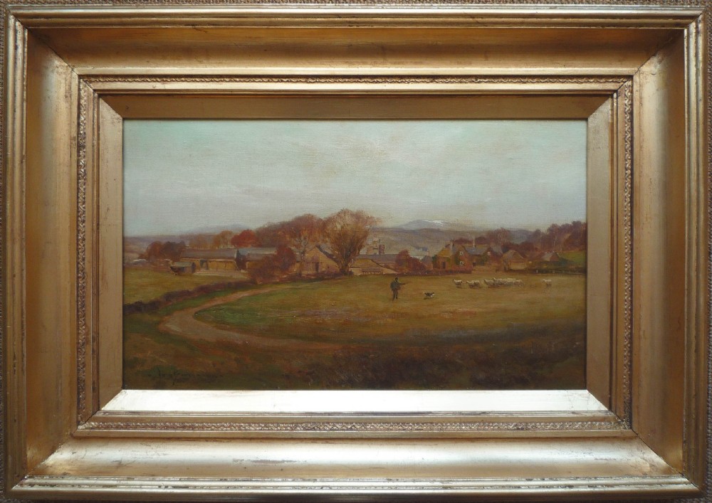 An oil painting depicting a rural landscape with a shepherd, sheepdog, and flock of sheep in a field before a collection of farm buildings and distant hills under a pale sky. View II