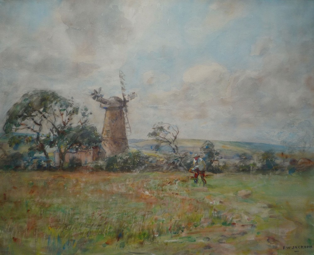 An impressionist watercolour landscape painting depicting a windmill in a open field under a cloudy sky, signed F.W. Jackson in the lower right corner.