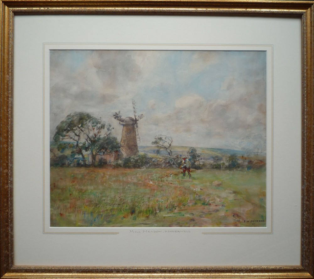 An impressionist watercolour landscape painting depicting a windmill in a open field under a cloudy sky, signed F.W. Jackson in the lower right corner. View II