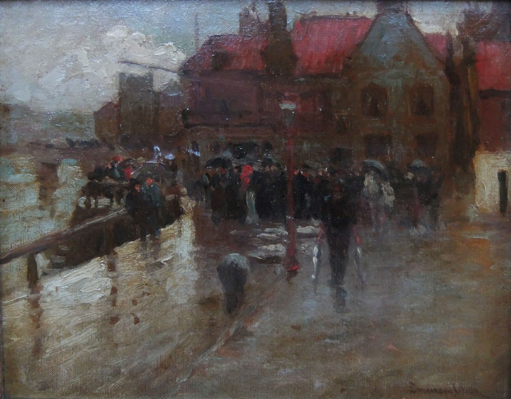 An impressionistic oil painting depicting a rainy harbour scene in Whitby with figures carrying umbrellas alongside red-roofed buildings.