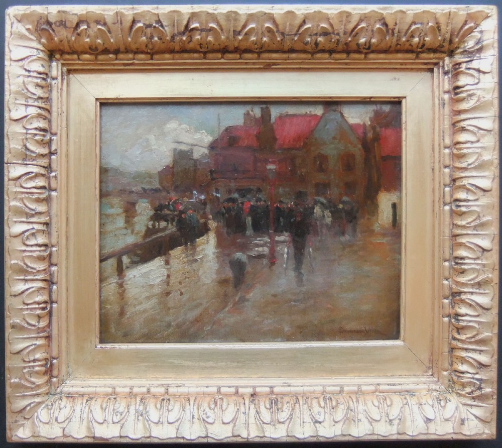 An impressionistic oil painting depicting a rainy harbour scene in Whitby with figures carrying umbrellas alongside red-roofed buildings. View II