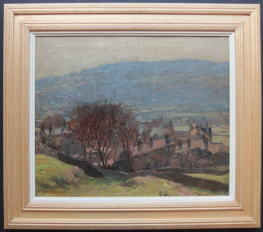 A framed British impressionist oil painting depicting bare winter trees, village rooftops, and rolling blue-grey hills beneath an overcast sky.