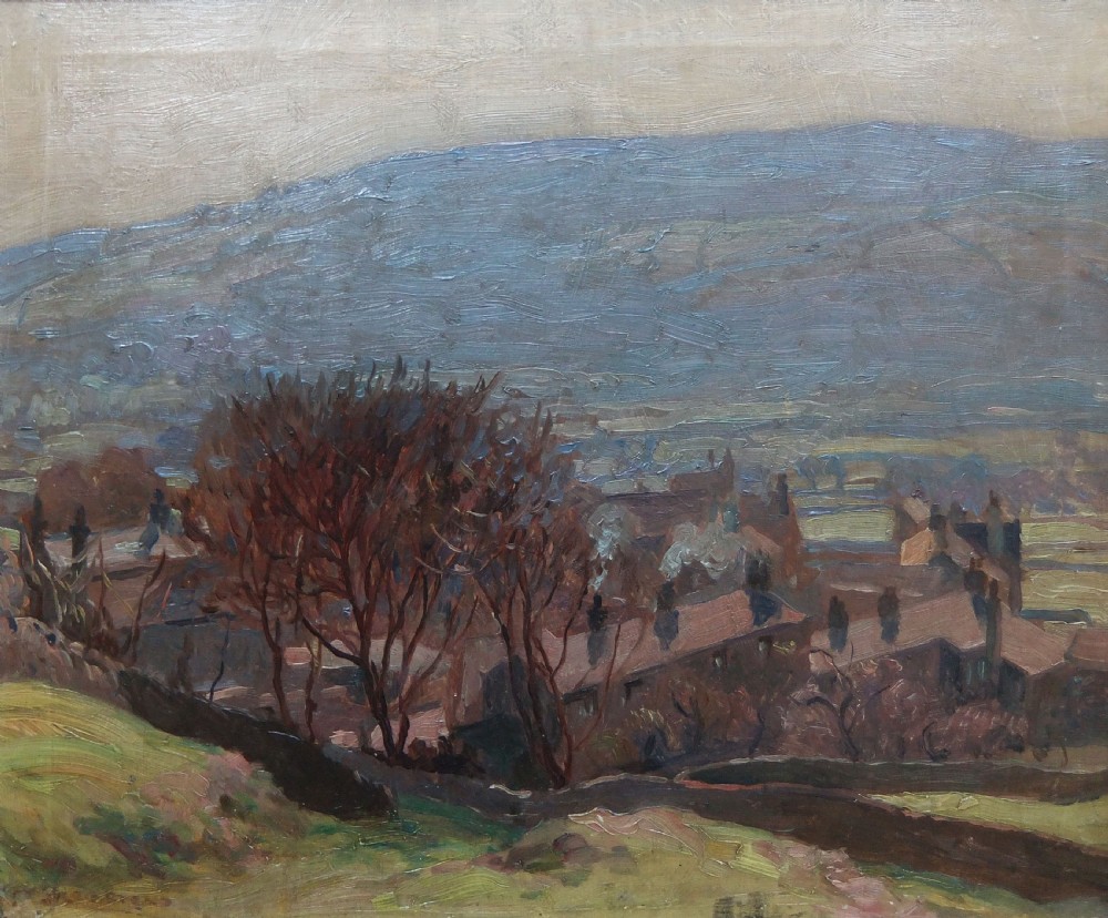 A framed British impressionist oil painting depicting bare winter trees, village rooftops, and rolling blue-grey hills beneath an overcast sky. View II