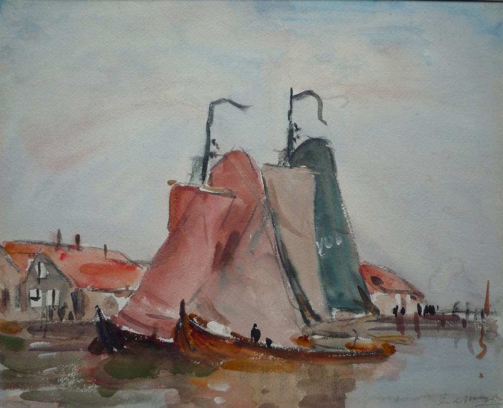 An impressionist watercolour painting depicting Dutch fishing boats with raised sails docked near a harbour village, signed Fred Mayor in the corner.