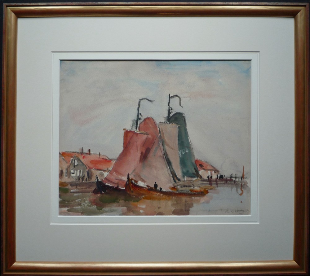 An impressionist watercolour painting depicting Dutch fishing boats with raised sails docked near a harbour village, signed Fred Mayor in the corner. View II