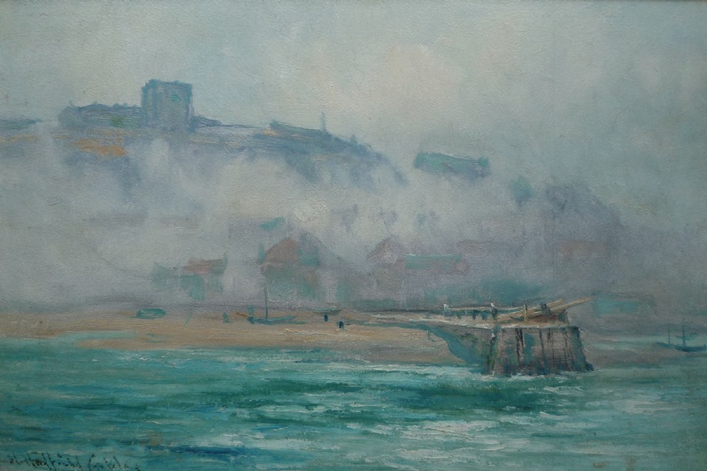 An atmospheric oil painting depicting Whitby harbour in morning mist with blue-green water in the foreground and cliffside buildings in the background.