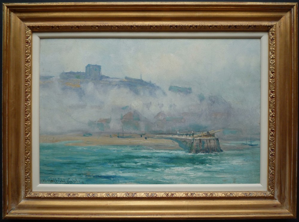 An atmospheric oil painting depicting Whitby harbour in morning mist with blue-green water in the foreground and cliffside buildings in the background. View II