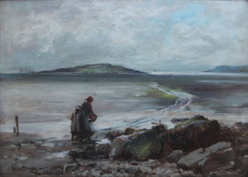 An impressionist oil painting depicting a hazy coastal landscape in the Scottish Borders with figures standing near low tide under an overcast sky.