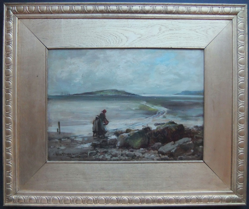 An impressionist oil painting depicting a hazy coastal landscape in the Scottish Borders with figures standing near low tide under an overcast sky. View II