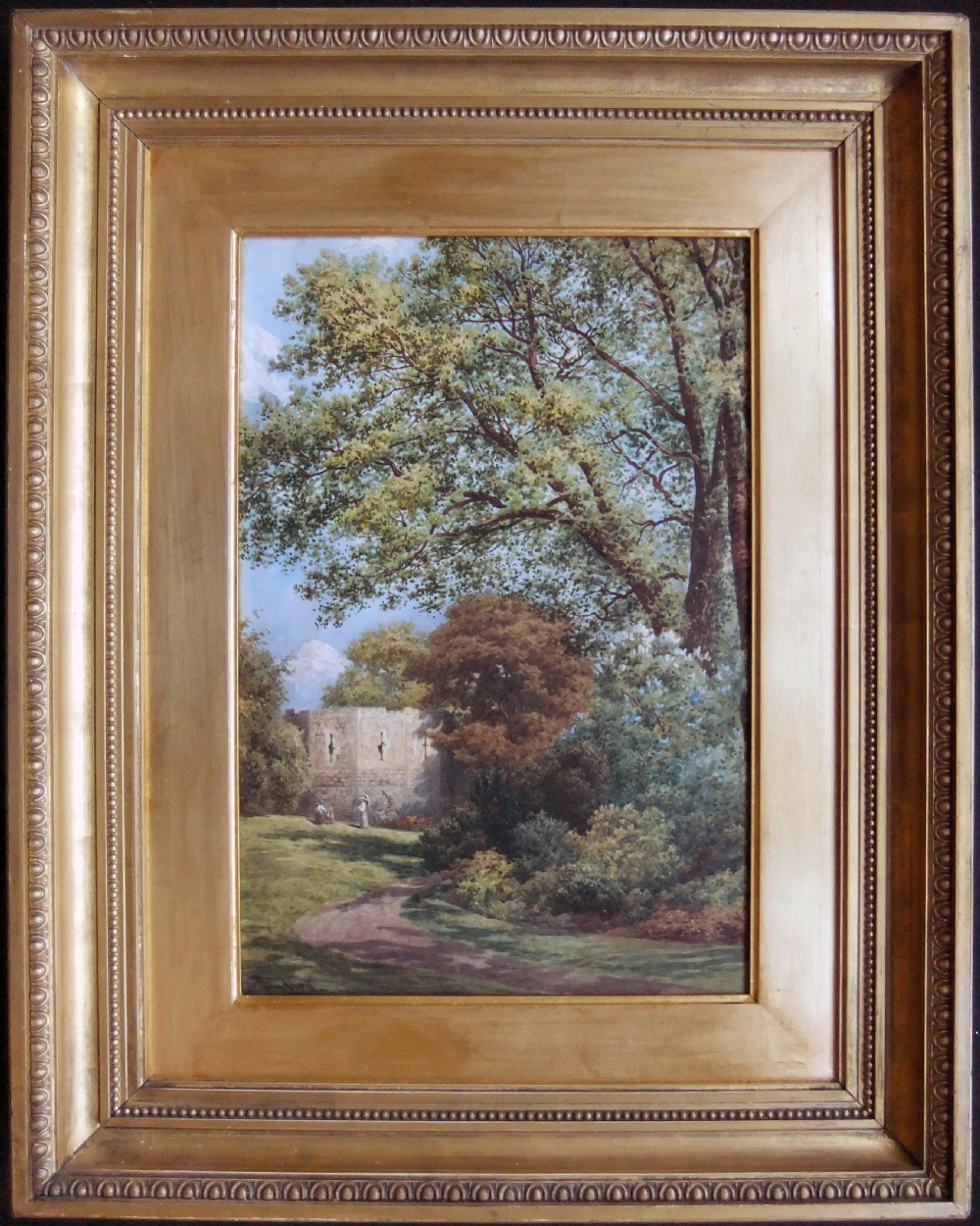 A Victorian watercolour painting depicting the stone Multangular Tower in York surrounded by trees and a garden path. View II