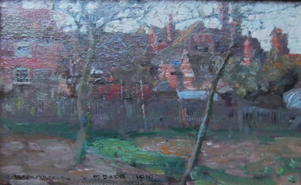 An Edwardian Impressionist oil painting depicting a garden view with bare slender trees, a wooden fence, and red brick houses with tall chimneys under a pale sky.