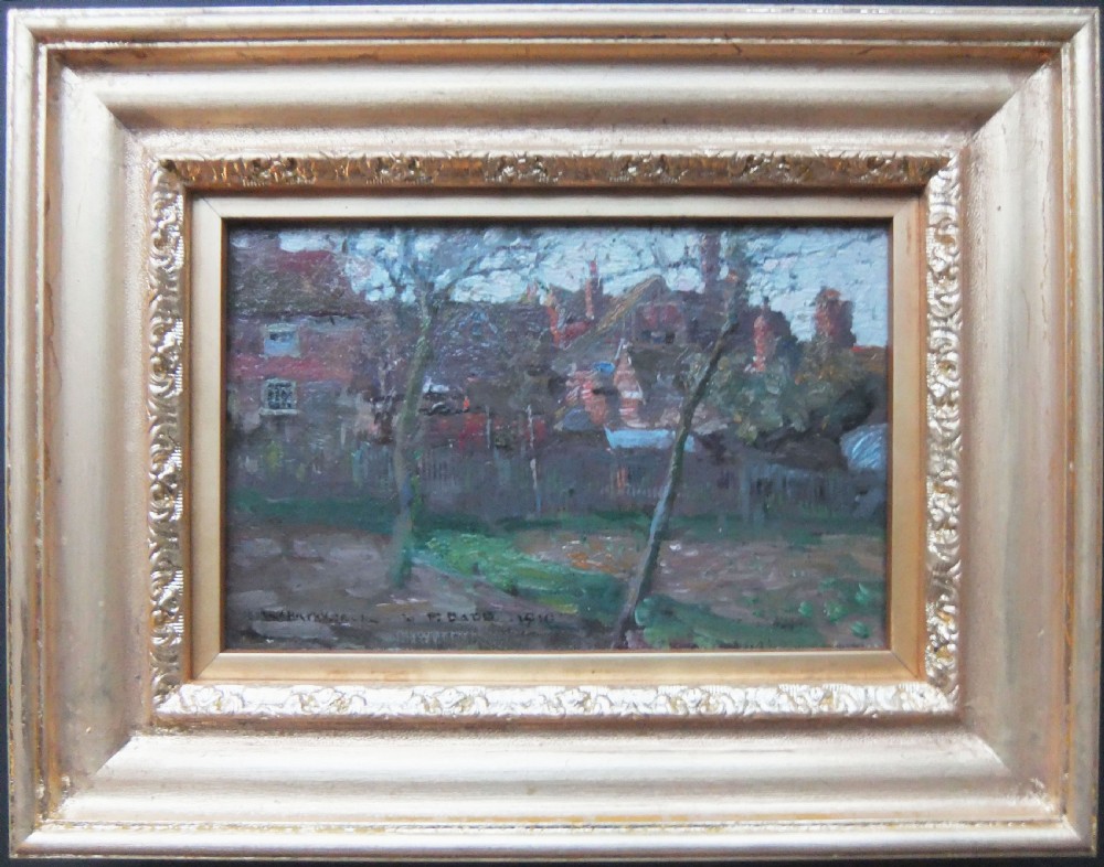 An Edwardian Impressionist oil painting depicting a garden view with bare slender trees, a wooden fence, and red brick houses with tall chimneys under a pale sky. View II