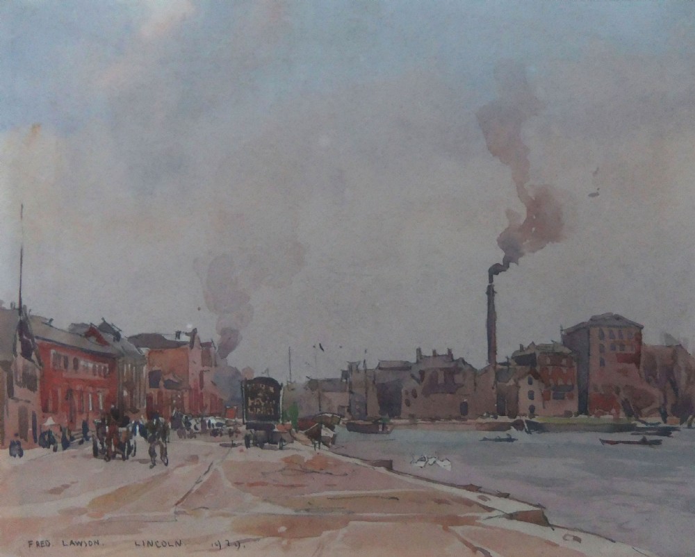 An original 1929 watercolour painting by Fred Lawson depicting an industrial river quay scene in Lincoln with buildings and smoking chimneys under a hazy grey sky.