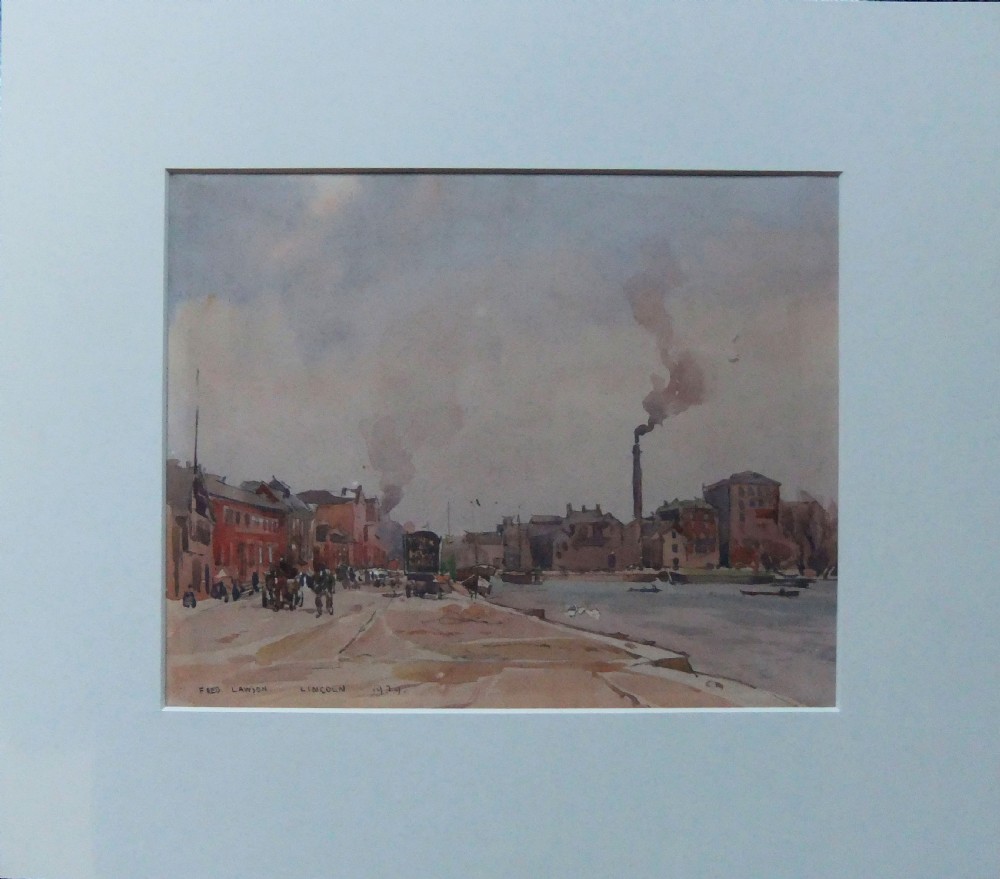 An original 1929 watercolour painting by Fred Lawson depicting an industrial river quay scene in Lincoln with buildings and smoking chimneys under a hazy grey sky. View II