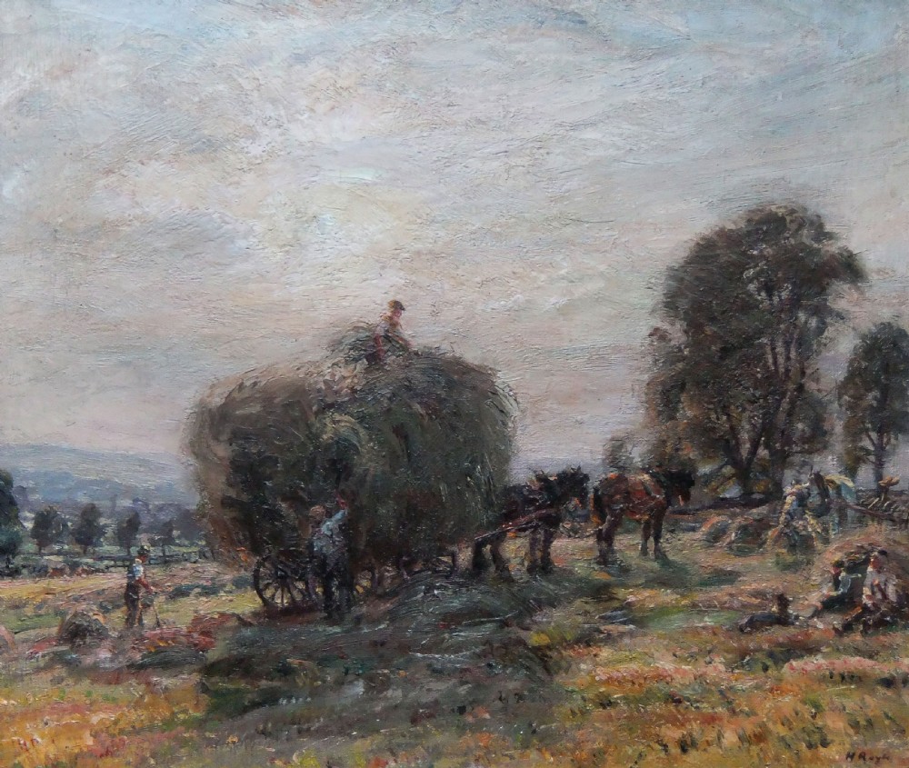 An impressionistic oil painting depicting farm labourers loading hay onto a horse-drawn cart in an open field under an overcast sky.