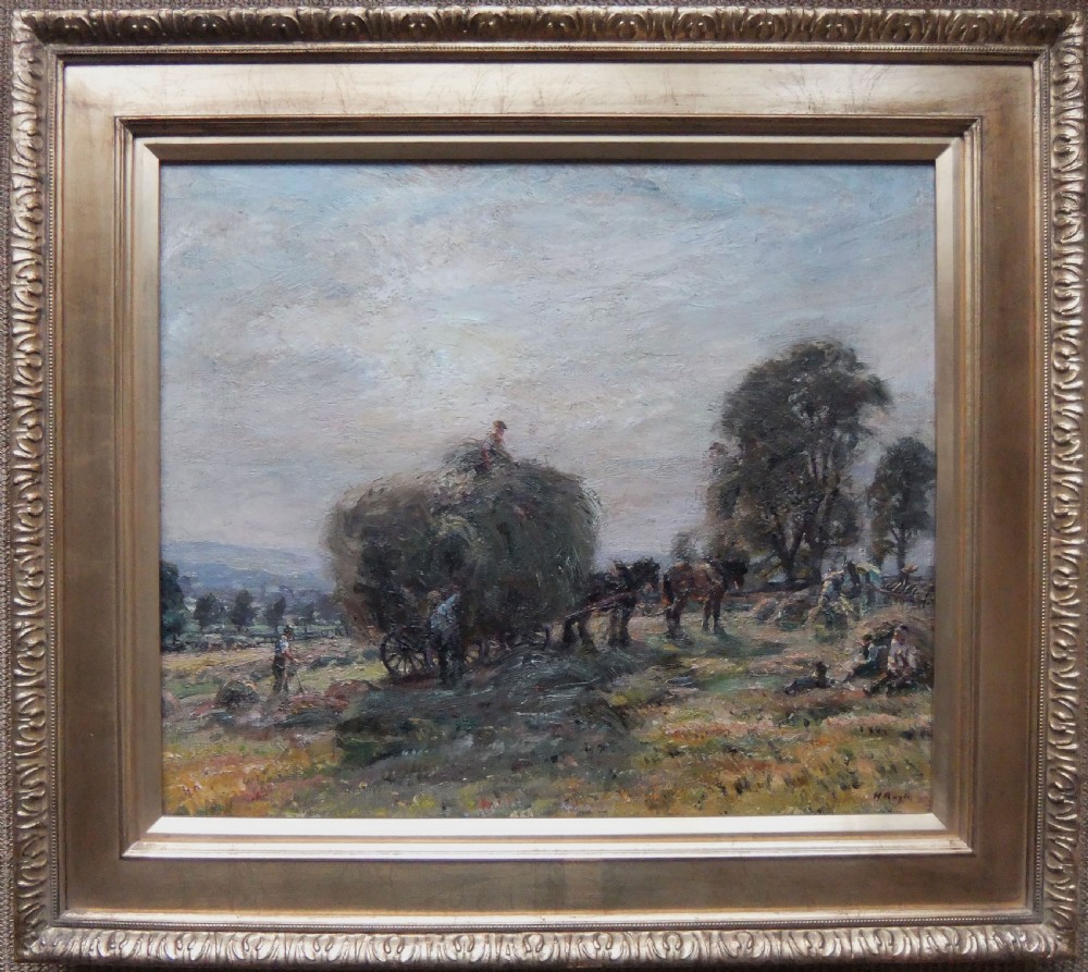 An impressionistic oil painting depicting farm labourers loading hay onto a horse-drawn cart in an open field under an overcast sky. View II