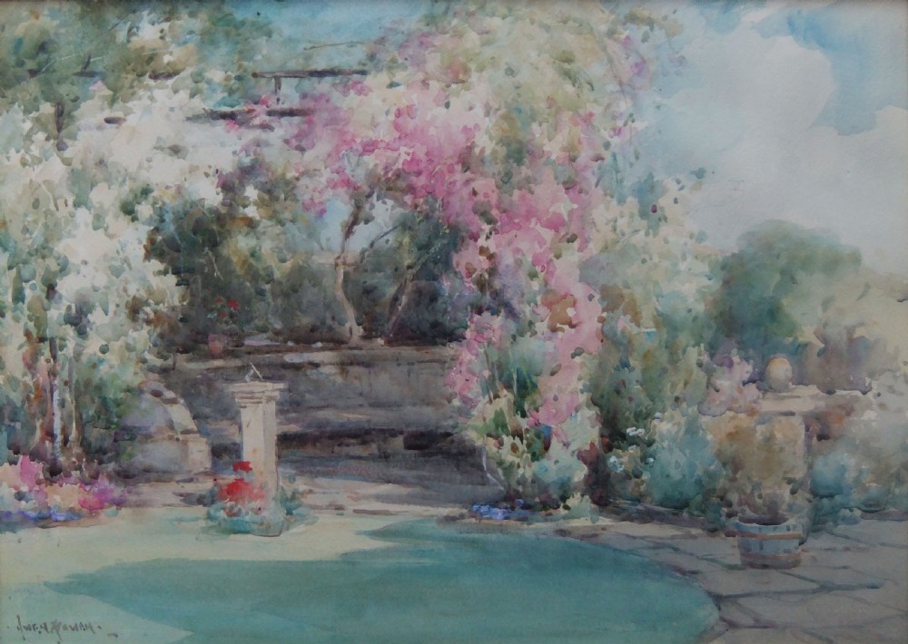 An impressionistic watercolour painting depicting a sunlit English garden with vibrant pink climbing flowers over a stone wall and sundial.