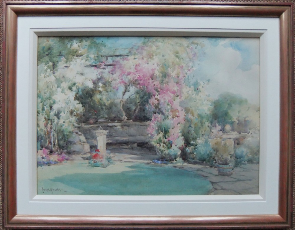An impressionistic watercolour painting depicting a sunlit English garden with vibrant pink climbing flowers over a stone wall and sundial. View II